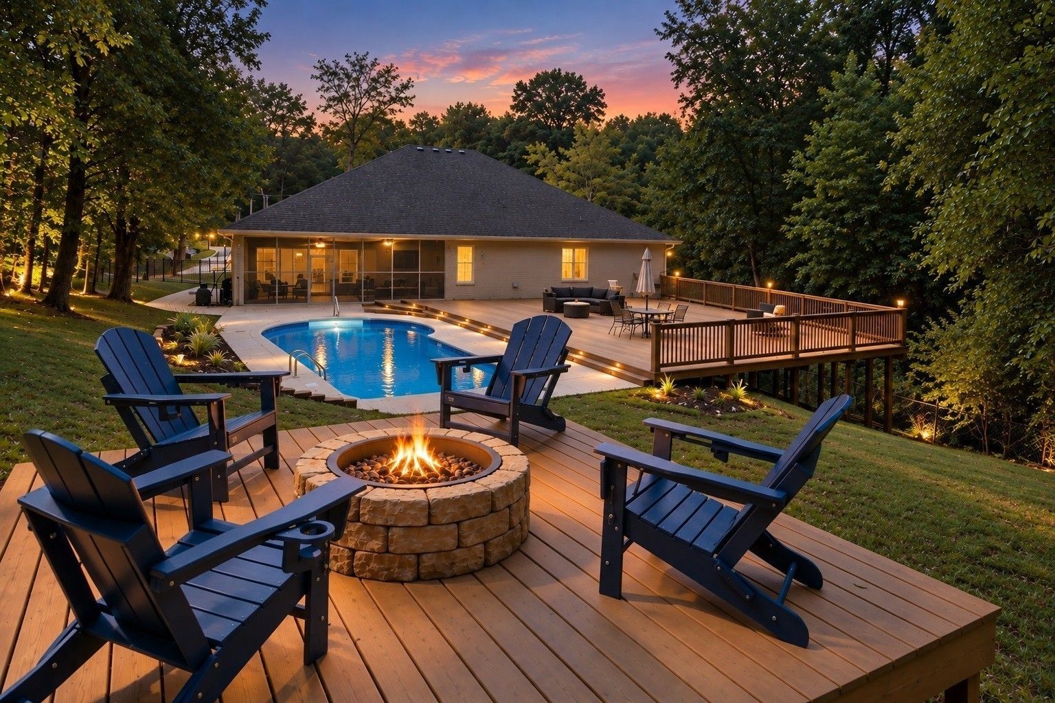 714 Hillwood Blvd deck, fire pit, and pool at dusk, Hillwood Nashville